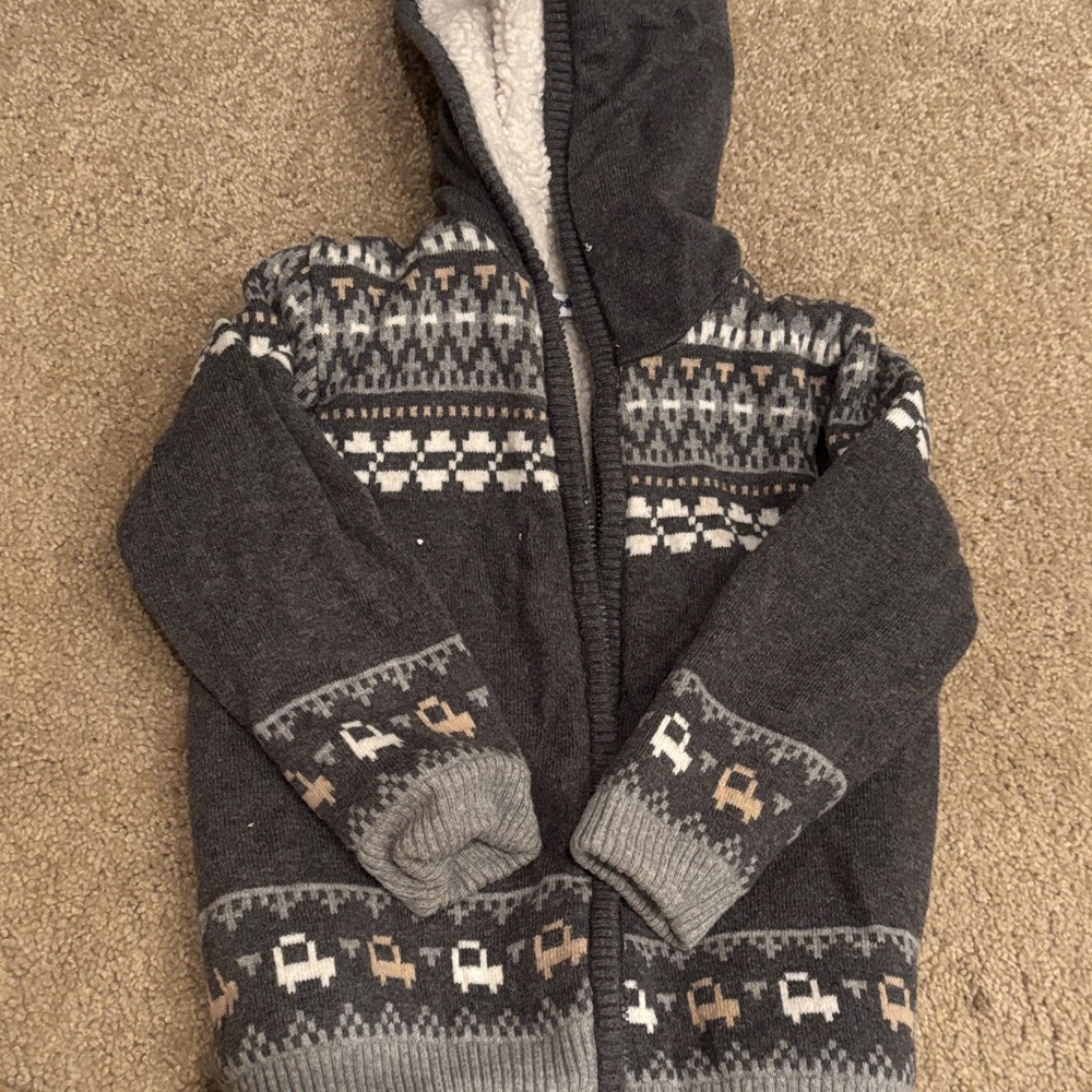 Kids Hooded Zip Sweater - Dark Gray Fair Isle Pattern